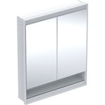 Armario con espejo Geberit ONE con nicho y ComfortLight, con dos puertas, montaje empotrado, 90 cm de altura: B=75cm, Blanco / Aluminio con pintura polvo al horno